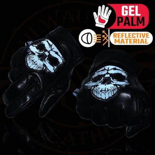 Milwaukee Leather MG7570 Men's Reflective Skull Premium Leather Short Wrist Gel Palm Driving Gloves