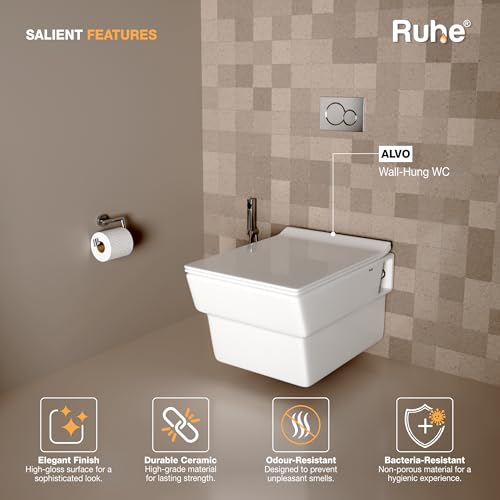 Image of Ruhe Alvo Wall-Hung Rimless Western Commode with Washdown Flushing System | P-Trap | 20.5 x 14.4 x 13.4 inches | Ceramic White Glossy Finish, Space-Saving Design | Includes Soft-Close Seat Cover