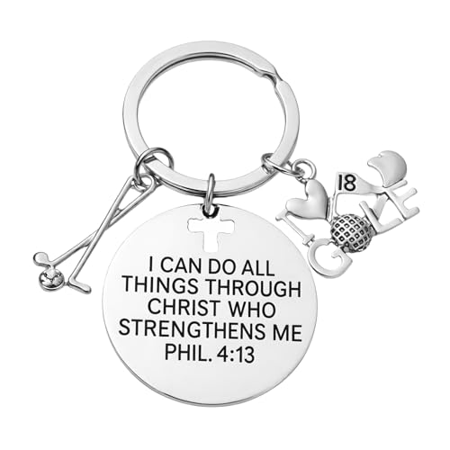 Sportybella Golf Keychain with Bible Verse Philippians 4:13, I Can Do All Things Through Christ Charm, Golf Jewelry Gift for Golfers, Christian Golf Gift for Women Teens Teams