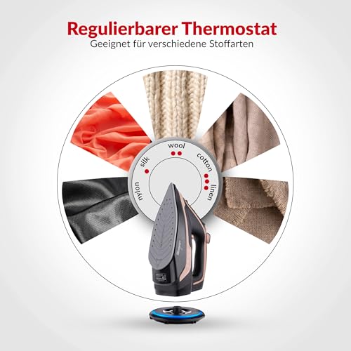 LEHMANN Dampfbügeleisen kabellos mit Ladestation, kabelloses Bügeleisen Dampf mit Temperaturregelung & 5 Bügelprogramme, Keramiksohle, Vertikaldampf, Abschaltautomatik, Schwarz/Roségold