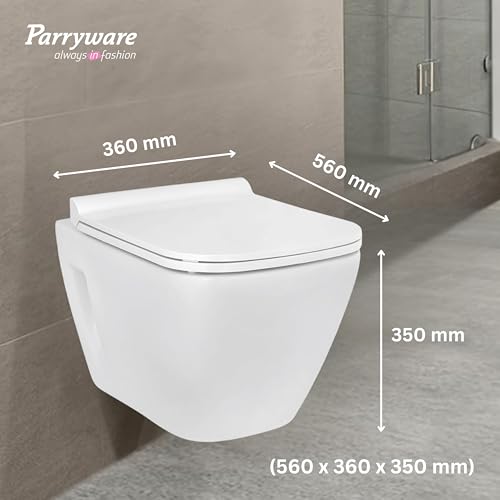 Image of Parryware VERVE Anti-Microbial Ceramic Wall Hung Western Commode for Bathroom | Rimless Washdown Flush Commode with Slim & Soft Closing Toilet Seat | Square Wall Mount Ewc | Space Saving | C022G
