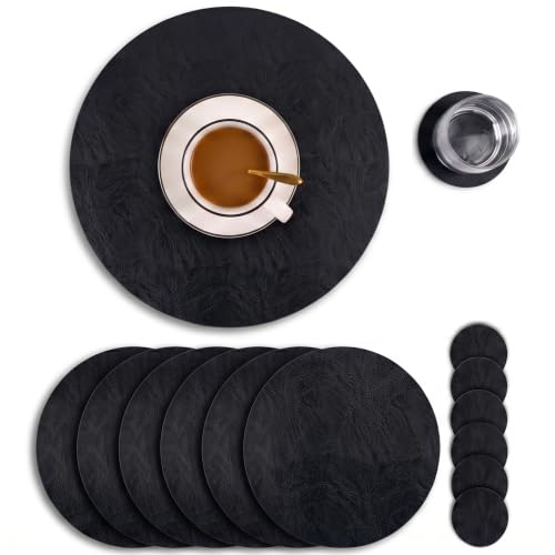 Set of 6 Faux Leather Round Placemats and Coasters, 13''and 3.9'', Black