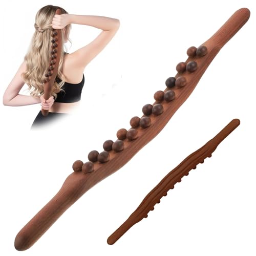 Holz Massagestab Massageperlen | 58cm Faszienstab aus Buchenholz für Tiefenmassage von Rücken Nacken Beinen & Faszien.