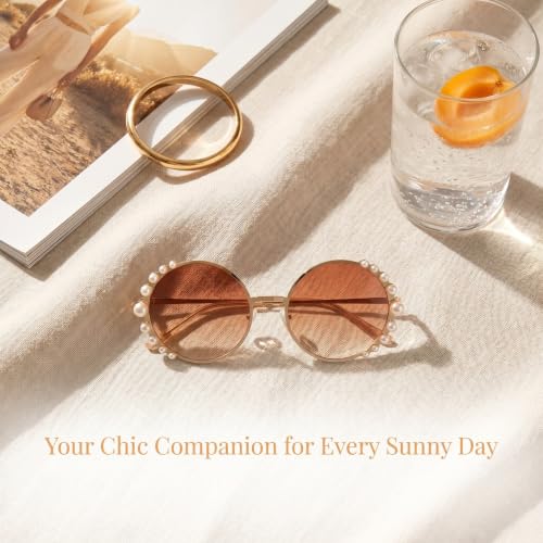 TOKIDNY Round Pearl Sunglasses for Women Oversized Retro Circle Frame with Metal Construction And PC UV Protection Lenses Lightweight Luxury Eyewear for Daily Wear Beach Party And Social
