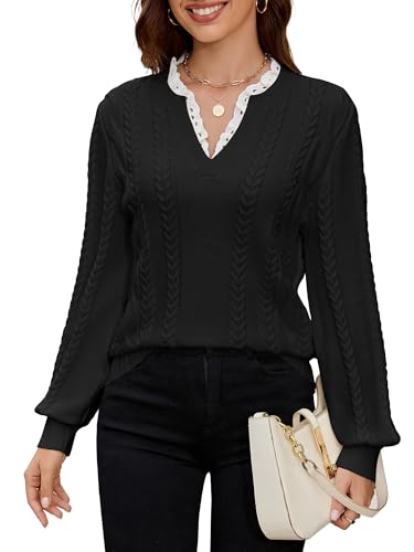 Angashion Womens Sweaters Long Sleeve Casual V Neck Jumper Tops Fall Winter Knit Pullover Sweater Black X-Large