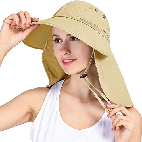 HICOSKY Womens Outdoor Sun Hat UV Protection Wide Brim Mesh Foldable Ponytail Summer Beach Fishing Hats Safari Cap with Neck Flap Khaki, Khaki, One size