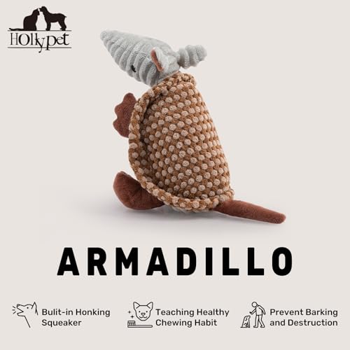 Image of Hollypet Plush Dog Squeaky Toy Stuffed Armadillo Animal Pet Puppy Chew Toys with Clean Teeth for Small Medium Large All Breed Sizes Dogs, Brown and Bronze,8 in