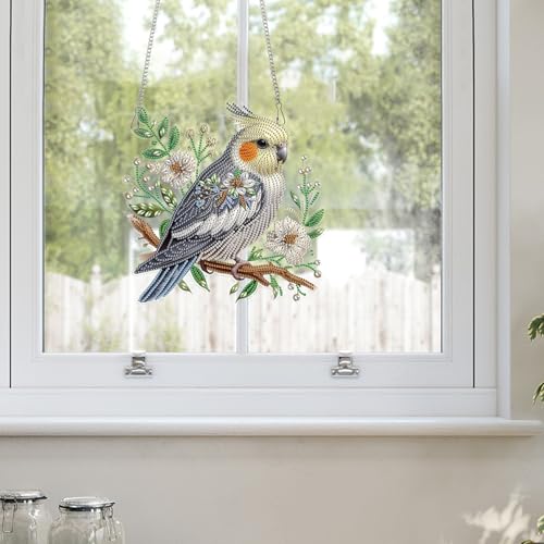 Image of AiYuanzsh Large Diamond Art Suncatcher Hanging Kit Parrot with Flowers, Special Shaped Diamond Painting Ornament for Adults, Colorful DIY Window & Wall Decoration, Crystal Diamond Art Kit