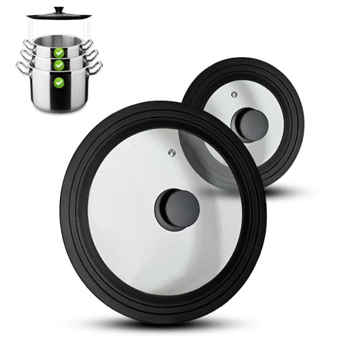 Set di 2 Coperchi Universali in Vetro - Coperchio Universale per Pentole e Padelle 16/18/20 cm e 24/26/28 cm – Coperchi Universali con Valvola di Scarico e Bordo in Silicone