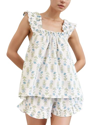 Flygo Floral Pajama Set for Women 2 Piece Lounge Set Ruffle Cami Top and Shorts Pj Set Sleepwear