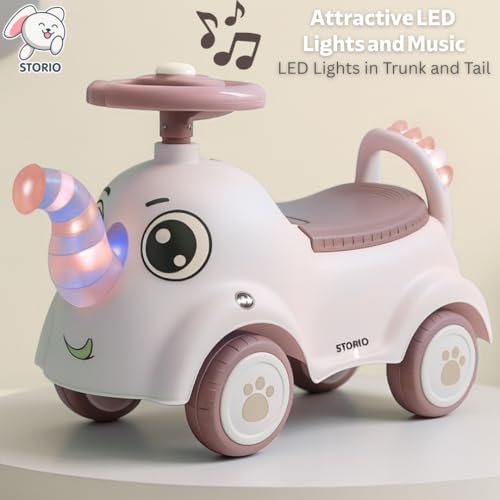 Image of Storio Elephant Baby Ride-On Car Toy with Light and Music - Brown | Push Car for Kids with Backrest & Steering, 1-3 Years