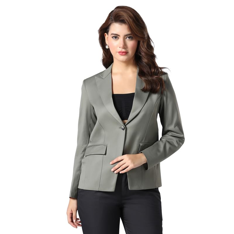 Solid Green One Button Blazer for Women - Stylish Polyviscose Casual Formal Wear, Regular Fit - 2 Pockets Full Sleeve Ladies Blazers for Business Meetings - Blazers for Women Formal-image-19