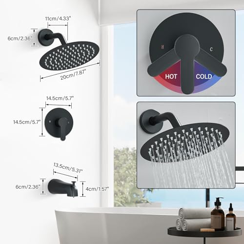 𝐀𝐜𝐤𝐰𝐚𝐯𝐞 𝐒𝐡𝐨𝐰𝐞𝐫 𝐒𝐲𝐬𝐭𝐞𝐦 Matte Black Rain Shower Faucet with Tub Spout 8 Inches Shower Tub Faucet Set with Rainfall Shower Head,Single Handle Shower Trim Kit with Brass Shower Valve by Ackwave - Image 3