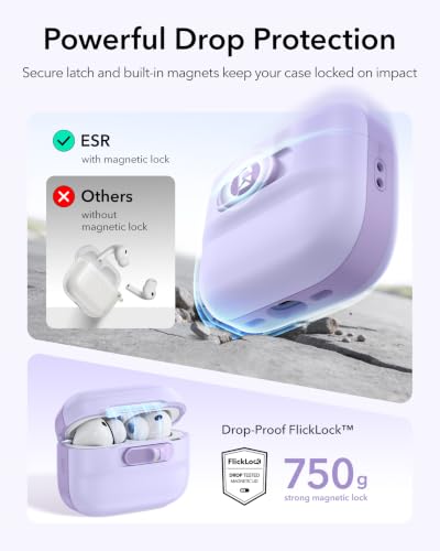 Image of ESR for AirPods Pro 3 Case (2025), Compatible with AirPods Pro 3 (USB-C Cable), MagSafe Ready, Magnetic Lid Lock, Full Drop Protection Cover with Lanyard, Purple