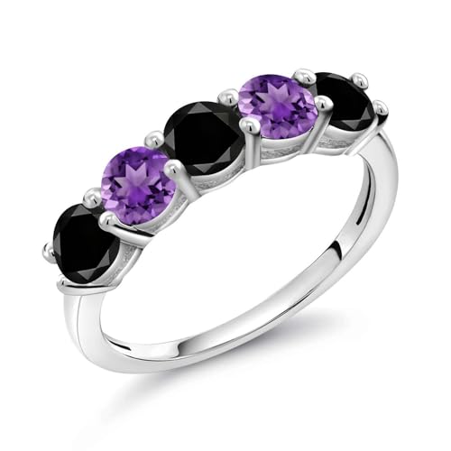 Gem Stone King 925 Sterling Silver Black Diamond and Purple Amethyst Wedding Band Ring For Women (0.96 Cttw, Round 3.5MM, Gemstone April Birthstone, Available In Size 5, 6, 7, 8, 9)