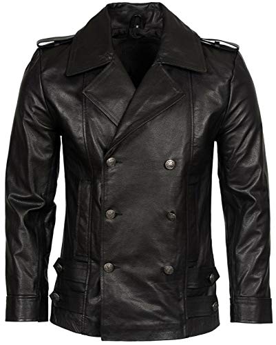 Image of Mens Classic German Navy Military Peacoat Black Cowhide Leather Jacket