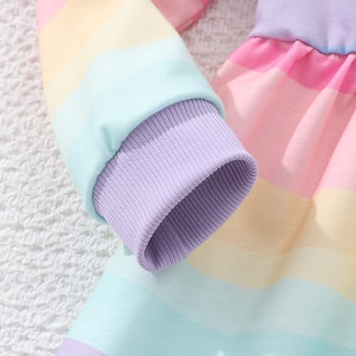 Image of Tkria Toddler Girls Rainbow Dress Striped Fall Dress Cartoon Colourful Long Sleeve Casual Dressy 2-7T