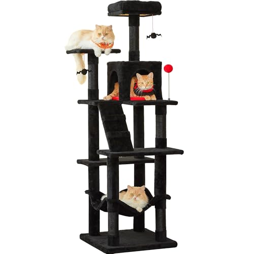 MWPO Gothic Cat Tree for Indoor Cats, 63.8 Inches Multi-Level Cat Tower with Sisal-Covered Scratching Posts, Padded Platform, Hammock, Dangling Toys, Stable Cat Condo Pet Play House, Black