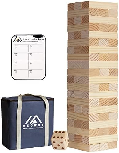Megwoz Giant Tumble Tower, 60 PCS Stacking Timber Game with Dice| Scoreboard| Carrying Bag, Wooden Block Indoor Outdoor Game Set for Kids Adult Family(Stacks to 5FT)