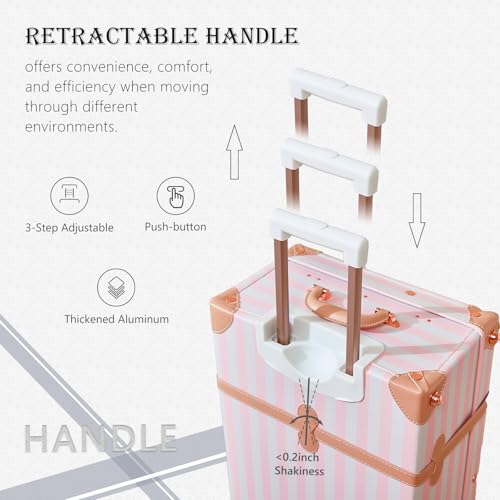 Image of UNIWALKER Vintage Luggage Set of 3, Retro Spinner Trunk with Combo Lock for Women, Cute Designer Travel Suitcase Set with Train Case, 26 inch+20 inch+12 inch, Pink Strip