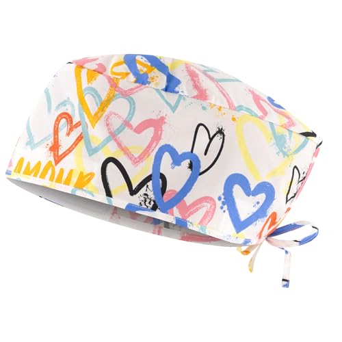 B-well Adelina Gorro quirúrgico ajustado para enfermera, gorro quirúrgico de mujer, accesorios para personal médico (corazones de colores)