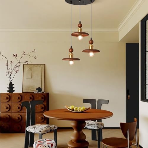 Lustre en noyer 3 têtes avec suspension en bois et métal noir pour E27