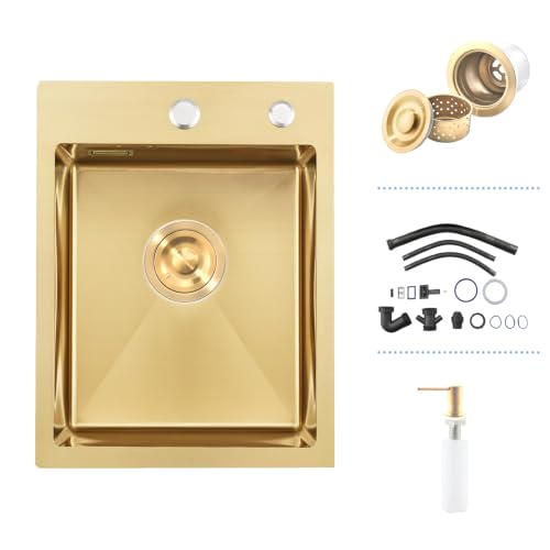 iAnomla Gold Bar Évier de cuisine encastrable en acier inoxydable de calibre 16, 35 x 45 cm, petit évier à montage sur le dessus pour camping-car, lavabo avec filtre de vidange, distributeur de savon