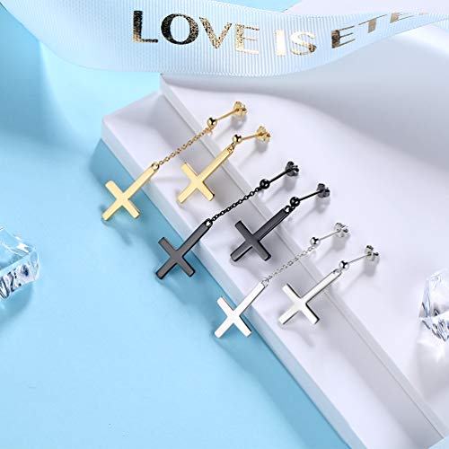 Mens Inverted Cross Earrings Asymmetric Upside Down Cross Dangle Earrings Black Gun Plated Over 925 Sterling Silver Earrings Gothic Cross Earrings For Men Cross Jewelry Gift For Christmas Day Fe0076K #TOP3