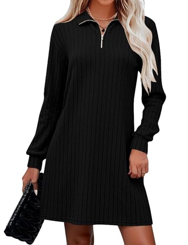 Naggoo Womens Fall Dresses V Neck Long Sleeve Black Dress with Zipper Large | Soft Ribbed Knit, A-Line Flowy Mini Dress, Early Fall Fashion, Casual Daily Work, Vacation Outfits