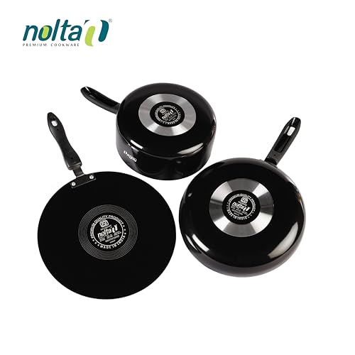 Image of Nolta FMS 3-Piece Cookware Set, ISI Certified, 1yr Replace Guarantee (Fry Pan 24cm + Multi Tawa 26cm + Sauce Pan 20cm) Premium Non Stick Coating PFOA Free Kitchen Collection