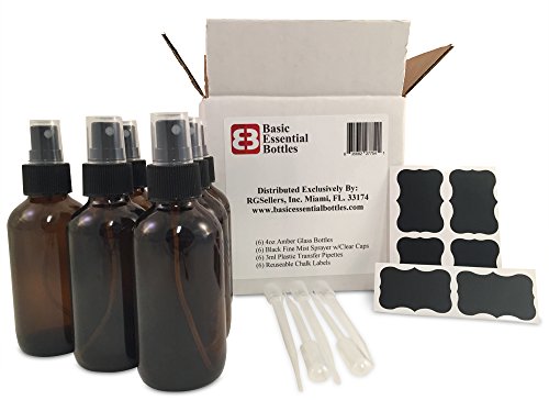 (6) 4 Ounce 4 oz Empty Amber Glass Bottles W/black Fine Mist Sprayer (6) 3ml Pipettes (6) Chalk Labels for Essential Oils, Cleaning Products, Aromatherapy