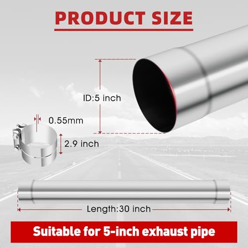 LCGP 5 Inch Straight Exhaust Pipe, 5" Stainless Steel Straight Muffler Replacement Pipe, 30" Length Mandrel Exhaust Tube with Two Lap Joint Band Clamps(New Version) by LCGP - Used condition - Image 2