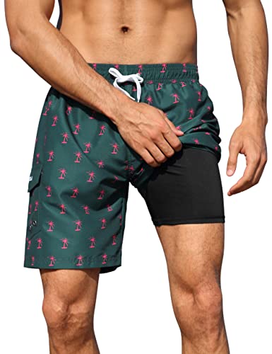 Nonwe Men's Swim Shorts With Compression Liner Hawaii Palm Tree Printed Beach Surf Trunks With Drawstring Green&Pink 28 #TOP1