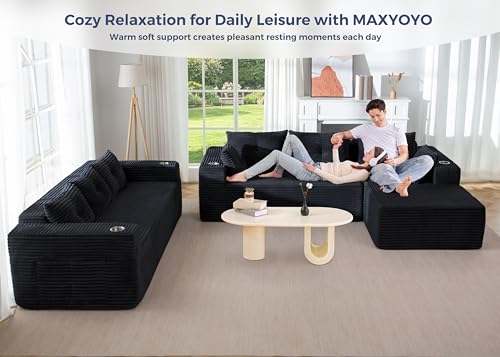 Image of MAXYOYO Modular Sectional Couch with L-Shape Chaise and Loveseat, Modern Boneless Couch for Living Room, Oversized Sofa with Deep Seat, No Assembly Required, Black