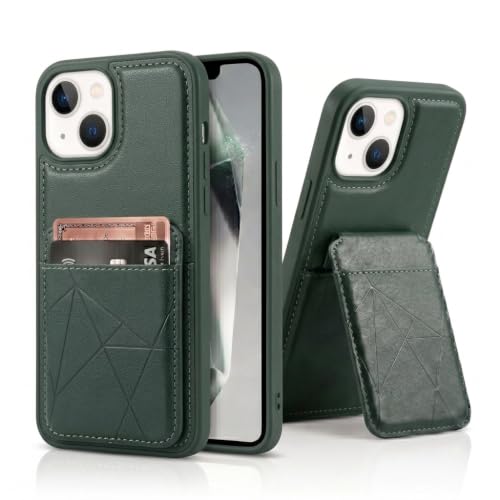Image of amazon basics Premium Vegan Leather Back Cover with Card Holder and Integrated Mobile Stand for iPhone 13 - Slim Shockproof Wallet Case with Geometric Stitching [Green]