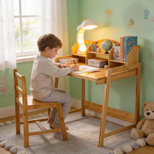 Clevich Kinder Schreibtisch Höhenverstellbar, Kinderschreibtisch mit Stuhl, Bambus Holz Schreibtisch mit Stauraum, Schülerschreibtisch mit Buchhalterung, Kinderschreibtisch für Kinderzimmer, Gelb