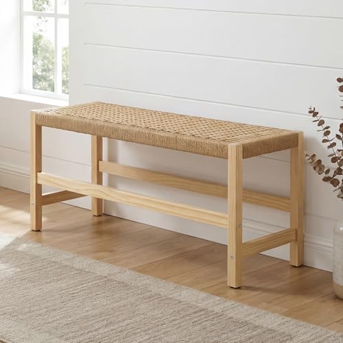 chairus Retro Wooden Bench Rustic Rope Weave Ottoman Bench Seat for Hallway/Living Room/Bedroom/Dining Room, Natural Wood