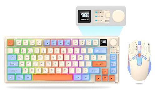 Game Keyboard&Mouse Combo 75 Tri-Mode BT5.0/2.4GHz/USB-C Mechanical Keyboard+3D 1600DPI Mice with Smart Display 80 Keys Knob Volume Control 2000mAh Battery for Mac Laptop Computer PC Gamer (Blue)