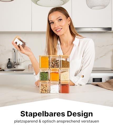 Foto von Deco haus® Gewürzgläser eckig luftdicht mit Holzdeckel 10er Set [+Etiketten] - Gewürzdosen Set Glas - Gewürzbehälter Spice Jars Set - Gewürze Aufbewahrung - Behälter - Gewürzaufbewahrung