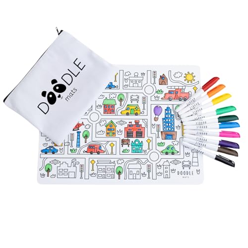 Doodle Mats Reusable Town and Vehicle Colouring Mat for Kids | City Play Mat with 10 Washable Pens & Carry Case | Mess Free Travel Toy with Police Car Fire Truck Bus & Helicopter | Eco Friendly A3