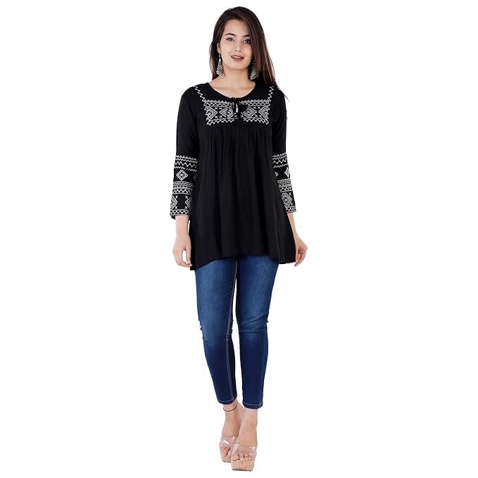 Image of Avayayat Women's Rayon Classic Heavy Embroidery Top with Beautifull Tassels at Front and on Both Sleeves Regular Fit Office Wear Festival Tunic Jeans Summer