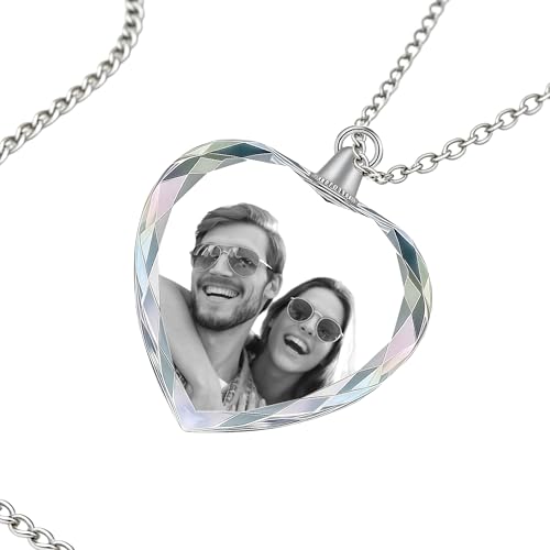 SosnSusn Collier Photo Personnalisé en Cristal Cœur, image gravée au laser Collier Photo - Cadeau Personnalisé Femmes, Hommes, épouses, Mères, Pères...