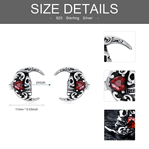 Lelouchy S925 Sterling Silver Gothic Skull Stud Earrings Embellished With Crystals From Austria, Hypoallergenic Jewelry Gift For Men Women-Red #TOP4