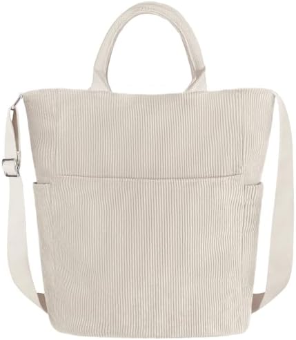 Beurlike Corduroy Tote Bag for Women Large Crossbody Hobo Bags Casual Messenger Shoulder Handbag for Shopping Work（Beige