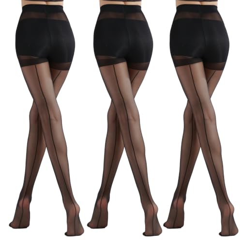 Image of HA WA Tights for Women Seam Tights Ultra Sheer Retro Center Seam High Waist Control Top Invisible Leg Look Reinforced Toes 3 Packs