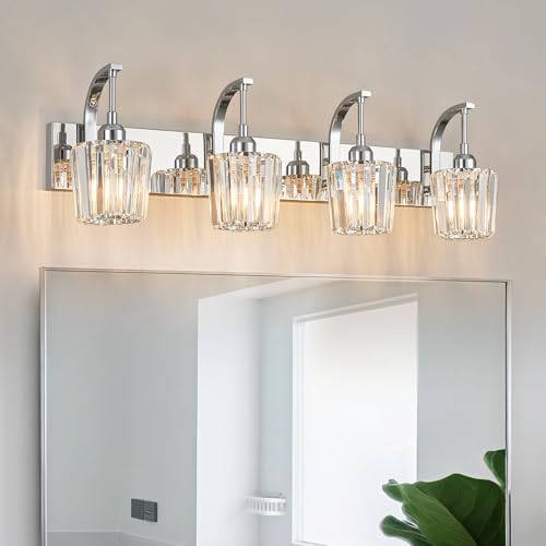 FDPBY Modern Bathroom Vanity Light, 4-Light Chrome Wall Sconce with Crystal Accents, Over Mirror Bathroom Lighting Fixture, 32.67" Long Dimmable Vanity Lamp for Makeup, Easy Installation