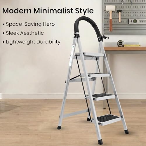 Image of Norman Jr White 4 Step Ladder for Home Use with Built-in Tool Tray | Heavy Duty D Shape Rods | Ultra Large Platform | Wide Rubber Feet | 150Kg Capacity Foldable Ladder - 7 Years Warranty