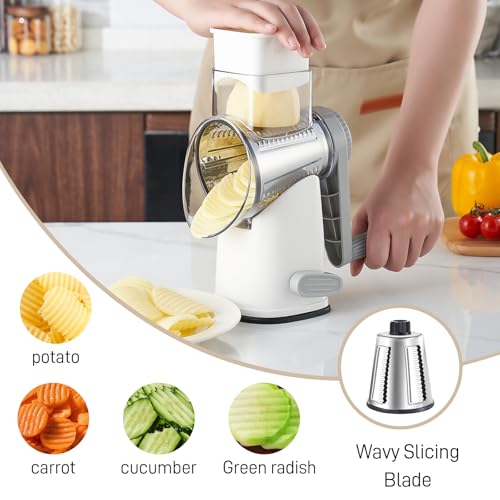 Weltonhm Rotary Cheese Grater with 4 Blades, Hand Crank Cheese Grater with Waffle Slicer, Black and White Cheese Slicer with Suction Base, Easier for Shredding& Grating (White and Grey, 4 Graters) — view 3