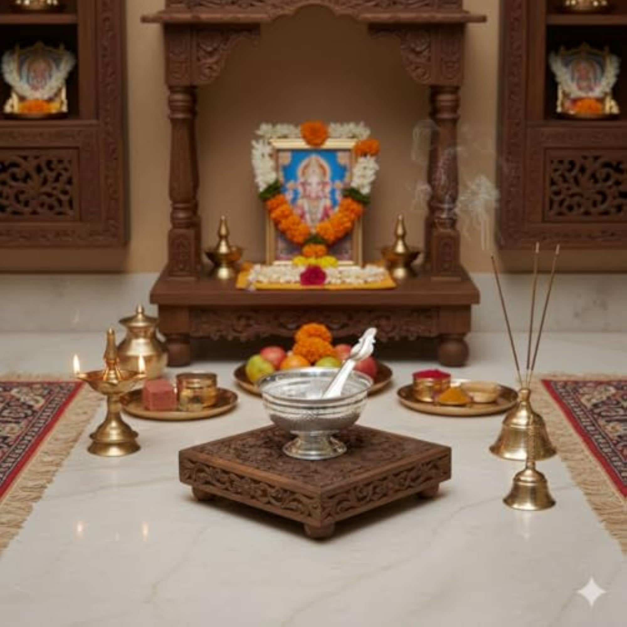 Plated Metal Pooja Bowl with Spoon for Rituals
