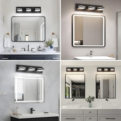 Image of 3-Light LED Bathroom Vanity Light, 19-Inch Matte Black | Vanity Light Fixture with Wireless Motion Sensor, 3CCT Dimmable Lighting Over Mirror, Adjustable Acrylic Heads